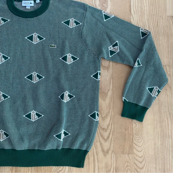 Lacoste Monogram Jacquard Logo Crewneck Sweater Green Paris Preppy Heritage XL - Picture 2 of 7